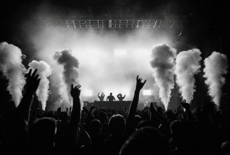 A silhouette image captures a music event with raised arms in the foreground and a stage performance. The black and white composition highlights smoke and lighting effects. This visual could be utilized for various promotional materials or editorial content related to music festivals and nightlife experiences.の素材