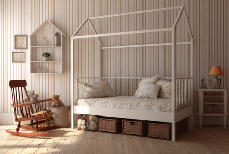 A bright bedroom interior featuring a white house-shaped bed, a wooden rocking chair, and matching shelves. The scene displays soft lighting, warm tones, and a striped wall background. The composition suggests a comfortable and inviting space. Suitable for various design, lifestyle, and home decor applications.の素材