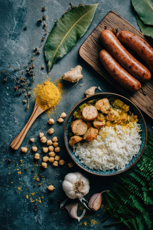 An overhead shot presents a meal featuring sausages, rice, and chickpeas. The image showcases textures, colors, and compositions on a textured surface. The scene is illuminated by natural light. This vibrant image has potential use in various culinary or lifestyle publications.の素材