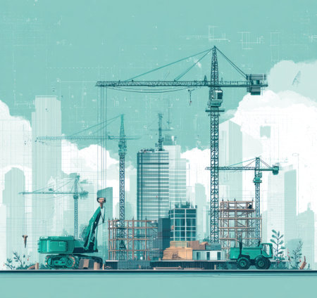 An illustration depicts a construction site featuring several cranes and building structures. The artwork showcases a stylized representation with a muted color palette dominated by greens and blues. It might be utilized in architectural presentations, construction industry publications, or website designs to represent city development.の素材