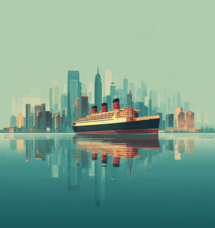 An illustration depicts a large cruise ship against a backdrop of a distant cityscape. The artwork showcases an illustrative style with muted colors and a serene atmosphere. The ship and skyline are reflected on a calm body of water, suggesting a coastal setting, with potential applications for travel and tourism content.の素材