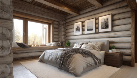 This interior showcases a bedroom featuring wooden walls and a large window. The space is bathed in natural light, with a bed as the primary focal point. The style is rustic with a modern twist, suitable for various editorial and commercial applications. The design incorporates natural textures and a neutral color palette.の素材