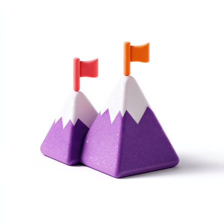 Two stylized purple mountain peaks are depicted with white snowy caps, each topped with a small flag. The image exhibits a clean, graphic style, likely produced in a studio setting on a white background. This visual could be used to represent achievement, goals, or success in various commercial or editorial contexts.の素材