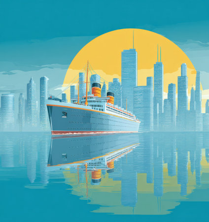 A cruise ship is depicted sailing near a towering cityscape, the vessel reflecting in the tranquil water. The image employs vibrant colors, with the sun setting, casting a warm glow. The style is illustrative, suggesting a commercial environment, perfect for travel or tourism promotions, or graphic design projects.の素材