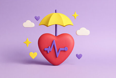 A vibrant illustration features a stylized red heart shielded by a yellow umbrella. Surrounding the main subject are floating clouds, stars, and hearts. The artwork employs bright colors and smooth textures against a pastel purple backdrop, suggestive of a digital environment. Suitable for healthcare, insurance, or related visual themes.の素材