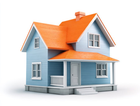 A vibrant cartoon-style house is depicted against a clean white backdrop. It features a bright orange roof, blue walls, and white accents, showcasing a simple architectural design. This graphic may be suitable for illustrating real estate, residential concepts, or other creative design projects.の素材