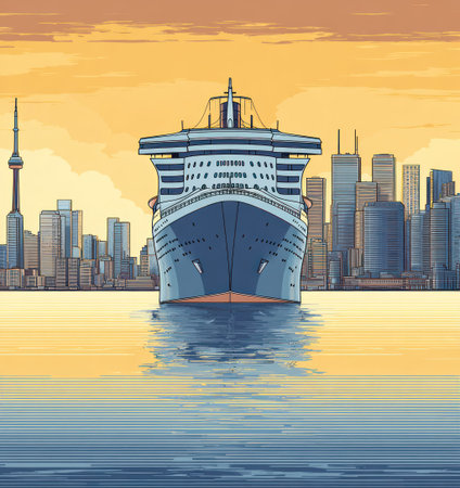 A large cruise ship is depicted sailing towards a cityscape. The illustration showcases a symmetrical composition with vibrant colors, particularly warm yellows and blues. The scene suggests a waterfront setting at sunset, the ship reflecting in the water. Suitable for various commercial and editorial applications.の素材
