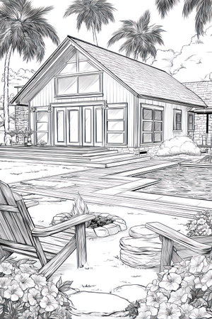An illustration depicts a house with a backyard including a fireplace, seating, and a water feature. The grayscale image presents a detailed outline of architectural elements and landscaping. The scene is illuminated by soft light. It could be used for various purposes such as design, decoration, or editorial content.の素材