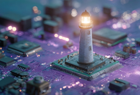 A miniature lighthouse stands on a circuit board, bathed in a soft, diffused light. The composition features a complex arrangement of electronic components, with a dominant purple color palette and shallow depth of field. This image could be used in projects related to technology, innovation, or conceptual design.の素材
