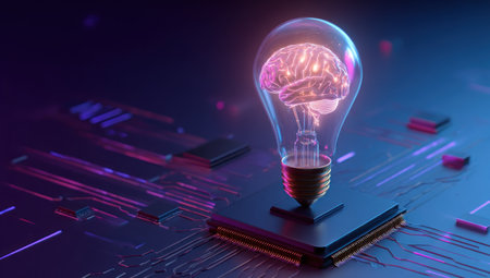An artistic visualization depicts a glowing brain encased within a lightbulb, resting on a circuit board. Predominantly dark, it features vibrant purples and blues, with illuminated details. The composition suggests innovation and technology, suitable for articles or promotional materials on ideas and intellect.の素材
