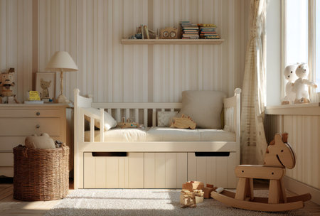 A well-lit interior showcases a crib with a neutral color scheme and wooden accents. The room features a soft, inviting aesthetic with a natural window light source and decorative toys. Suitable for home decor concepts, child-related themes, and editorial content focusing on comfort and design.の素材