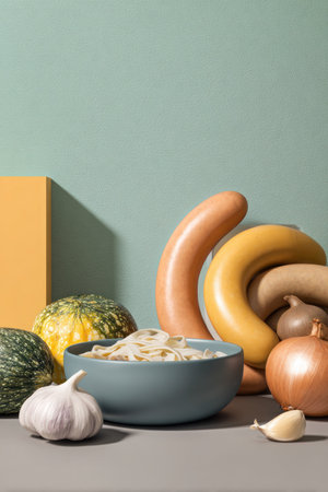 A still life arrangement features various food items and vegetables. A bowl of noodles is centrally positioned, surrounded by sausages, pumpkins, onions, and garlic. The composition utilizes a green backdrop with overhead lighting, emphasizing the textures and colors of the ingredients. Suitable for culinary, advertising, and editorial applications.の素材