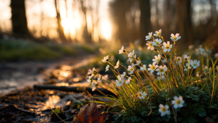 A close-up view presents small white flowers in the foreground, illuminated by golden sunlight. The scene features a path leading into a blurred forest, with soft focus creating an ethereal effect. The composition uses natural light and tones, suitable for environmental, nature-related, or editorial projects.の素材