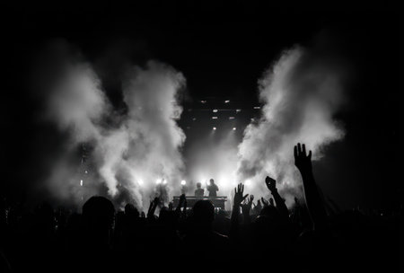 A nighttime scene features a music performance with a silhouetted band on stage. The composition utilizes high-contrast lighting to create a dramatic effect. Puffs of smoke and a cheering crowd are visible, suggesting a lively environment. Ideal for editorial content, music promotions, and event advertising.の素材