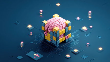 An image showcases a brain enclosed within a cube composed of blocks. The scene is set on a dark blue surface dotted with geometric shapes and floating lights. The brain is pink, while the cube features yellow and blue elements. This design could be used in various commercial or editorial contexts related to technology and innovation.の素材