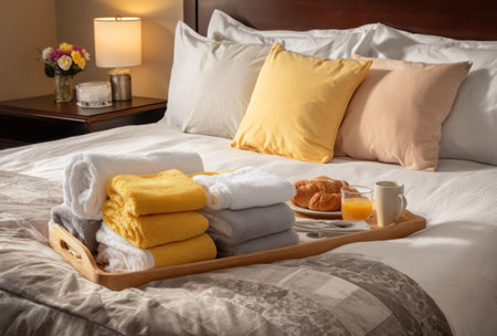 A well-lit bedroom scene showcases a neatly made bed, complemented by pillows and a breakfast tray. The composition features a variety of textures and colors, with soft lighting enhancing the inviting atmosphere. This image is suitable for various commercial uses, including hospitality and lifestyle content.の素材