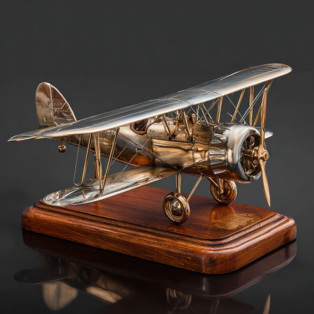 An intricately crafted airplane model, primarily silver and gold in color, is displayed on a polished wooden base. The design exhibits fine details with reflective surfaces, possibly metal. The composition suggests a studio setting with controlled lighting and a dark backdrop. Suitable for various commercial applications including advertising and editorial use.の素材