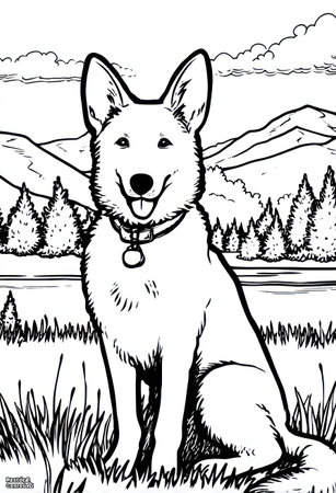 A line art illustration features a dog sitting in a grassy field with a backdrop of mountains and trees. The image uses a black and white color scheme. It is suitable for coloring pages, educational materials, or use in designs needing a simplified visual.の素材