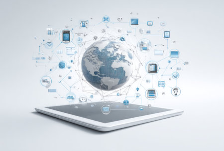 The image depicts a digital network concept, featuring a globe hovering above a tablet. Connected icons suggest global communication and data transfer. The composition uses a clean, bright aesthetic with shades of blue and white, creating a modern and technological feel. This visual could be utilized for various commercial and editorial projects related to technology and networking.の素材