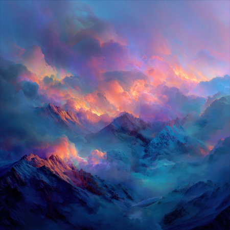 An artistic depiction presents a mountainous landscape dominated by swirling, colorful clouds. The visual elements showcase a dynamic range of colors from blue to orange. The composition suggests an ethereal and serene atmosphere. It can be used for various purposes, including editorial and commercial design.の素材