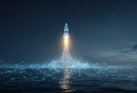 A digital rocket launches above an ocean, illuminated with glowing effects. The composition emphasizes a futuristic, conceptual style with blue tones dominating. This image could be used in various commercial applications, including technology, innovation, and futuristic themes. The visual characteristics suggest a night setting with atmospheric lighting.の素材