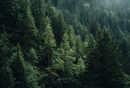 A view of a hillside covered in evergreen trees presents a natural landscape. The image displays varying shades of green, with a close-up on the tree foliage. The composition and lighting create a moody and atmospheric setting. Suitable for environmental, nature, or background use in various media projects.の素材