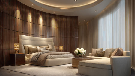 This image showcases a modern bedroom design featuring a large bed, sofa, and coffee table. The interior uses neutral tones, with warm wood paneling, soft lighting, and textures. The composition offers a view of a comfortable living space with natural light. Suitable for advertising, marketing, and design-related projects.の素材