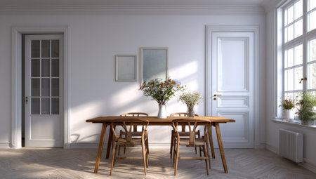 A well-lit interior scene presents a wooden table with matching chairs, complemented by floral arrangements. White walls, doors, and a window frame the composition. The lighting suggests a bright day. Suitable for commercial projects or lifestyle features.の素材