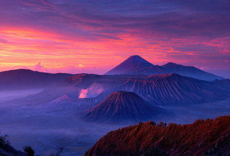 This image presents a scenic vista of volcanic peaks under a dynamic sunset sky. The composition showcases a range of colors, from deep purples to fiery oranges. Haze adds depth, creating a sense of distance and atmosphere. Suitable for a variety of uses, this photograph can be applied in editorial and commercial projects.の素材