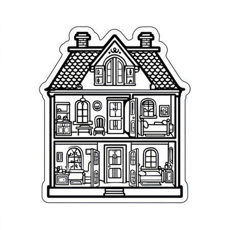 This black and white illustration showcases a house cutaway, revealing interior elements. The detailed artwork displays multiple rooms with furniture and architectural features. The image features a clean, graphic style, suitable for various design projects and could be used for educational or decorative purposes.の素材