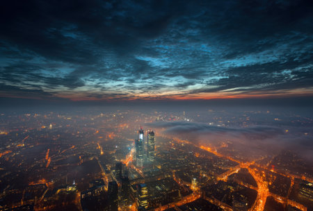An aerial view presents a sprawling cityscape at twilight. Buildings stand out with bright lights against a backdrop of deep blue and orange hues. The image showcases a contrast of light and shadow, with a focus on urban development, suggesting potential use for editorial or commercial projects.の素材