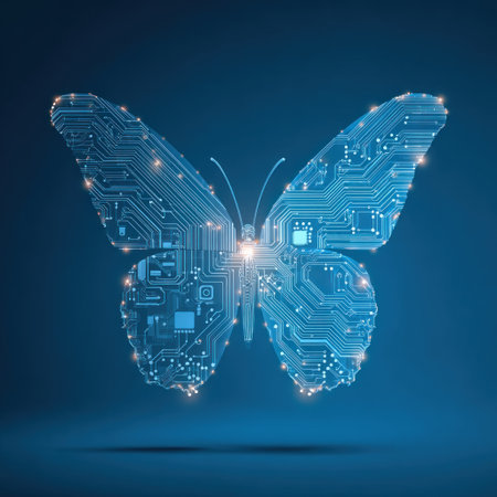 An illustration depicts a butterfly formed by electronic circuits and components, rendered with bright blue hues. The image showcases a digital art style with glowing lines. This graphic could be utilized in various commercial projects focusing on technology, data, or innovation concepts. The composition is set against a dark blue gradient backdrop, with a shallow depth of field.の素材