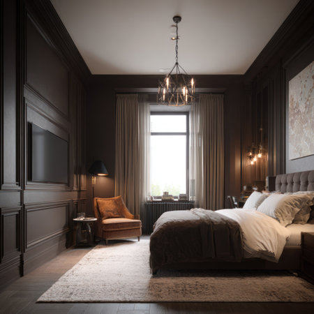 This interior photograph features a luxurious bedroom with a sophisticated dark color palette and soft lighting. The space includes a comfortable bed, a seating area, and elegant curtains. The composition highlights the textures and shadows of the room, suggesting a peaceful and inviting atmosphere suitable for various design projects.の素材