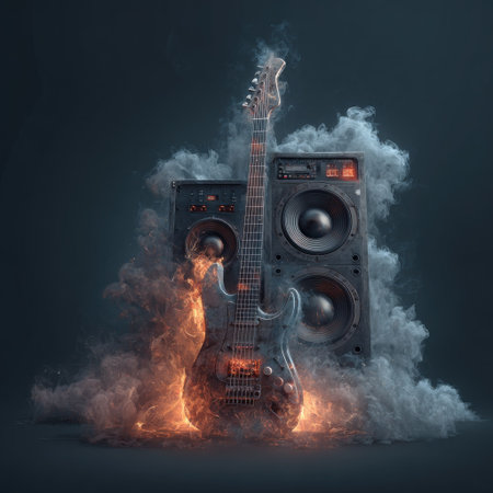 An electric guitar is the focal point, positioned in front of two large speakers. Surrounding the guitar, a wispy cloud effect mimics smoke and fire, creating a dramatic visual impact. The composition uses a dark background to enhance the lighting and textures. Suitable for music promotions and artistic projects.の素材
