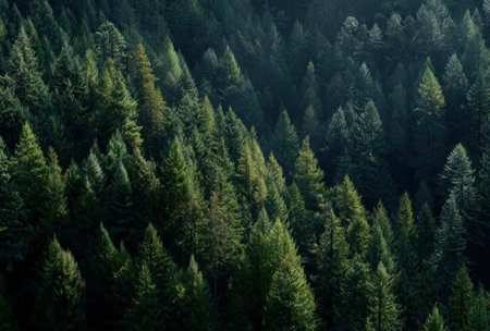 An aerial view presents a vast evergreen forest. The image showcases a dense arrangement of trees with various shades of green, illuminated by sunlight. The composition emphasizes texture and depth, implying a natural habitat. Suitable for environmental or commercial applications.の素材