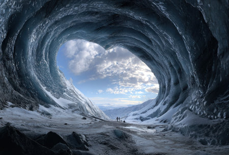 An ice cave frames an open view of a mountainous landscape under a cloudy sky. The interior reveals textures and shades of blue and white, with subtle hints of people in the distance. This visual could be utilized in editorial pieces or for commercial projects centered around travel or environmental themes.の素材