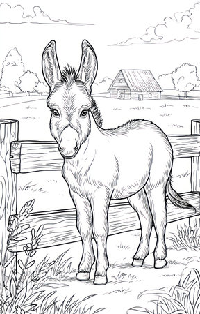 An illustrated donkey stands near a wooden fence in an outdoor setting. The image showcases grayscale tones, suggesting a line-art or coloring book style. The composition includes a grassy area, vegetation, and a building in the background. Suitable for various illustrative uses and commercial applications.の素材