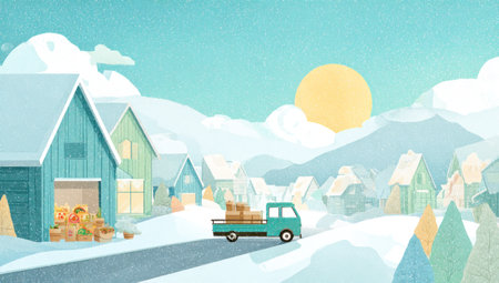 An illustration depicts a teal delivery truck traveling through a snow-covered village. The scene includes colorful houses and a bright sun. The artwork presents a clean, cartoon style with soft colors and a simple composition. The image could be used for advertising, editorial, or design purposes.の素材