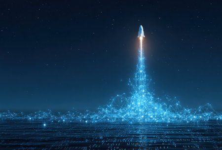 A digital illustration shows a rocket taking off into a dark blue sky. The rocket is depicted with bright, energetic trails, creating a sense of movement. The composition and lighting give the image a futuristic feel. It may be suitable for various commercial purposes, including website design and marketing materials.の素材