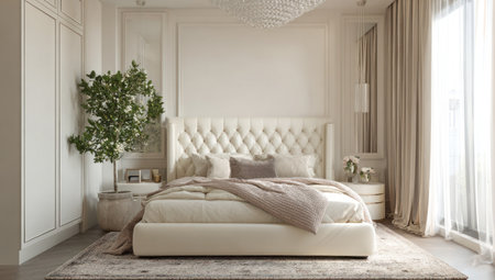 An inviting bedroom scene features a luxurious bed, flanked by nightstands. Soft, neutral tones and textures dominate the space, enhanced by natural sunlight filtering through sheer curtains. The composition suggests a serene atmosphere suitable for home decor or lifestyle publications, and is free of any specific branding.の素材