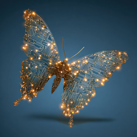 A digital butterfly is depicted with wings composed of intricate circuit board patterns, illuminated by glowing golden lights. The artwork exhibits a cool color palette with a blue backdrop, enhancing the contrast and visual interest. This image could be used for various commercial projects related to technology, innovation, or design.の素材