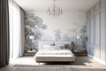 A stylish bedroom features a large bed with pillows against a scenic wall mural. The room is illuminated by natural daylight and a decorative chandelier. The composition is symmetrical with a minimalist aesthetic, suitable for use in architectural, design, or lifestyle publications.の素材