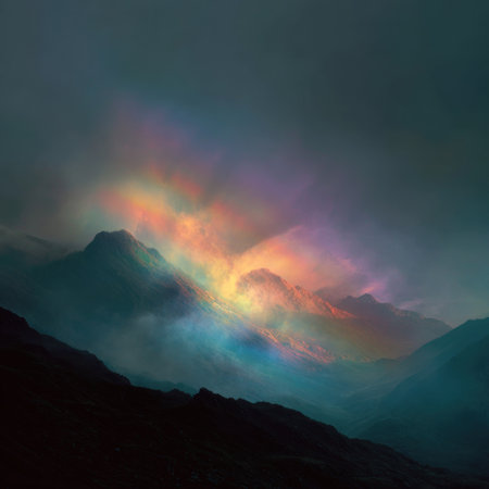 An ethereal landscape displays mountain silhouettes beneath a sky filled with swirling, multicolored light. The image features moody dark tones contrasted by vibrant hues, creating a dreamlike quality. It evokes a sense of wonder and could be used for creative projects or editorial content needing a striking visual.の素材