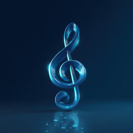 A stunning 3D illustration presents a reflective, blue treble clef. The artistic design showcases smooth curves and a glossy texture against a dark background. The lighting highlights the shape of the musical symbol. Ideal for use in projects related to music, design, and entertainment, with potential applications for marketing materials.の素材
