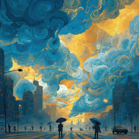 An artistic depiction of a city street scene showcases individuals with umbrellas walking amidst a surreal sky filled with vibrant clouds. The composition utilizes a painterly style with striking color contrasts. The image evokes a sense of both the mundane and the fantastic, potentially suitable for editorial content or creative projects.の素材