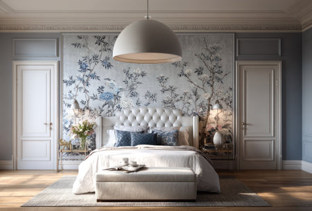 This interior image features a bedroom with a bed, bench, and floral wallpaper. The scene is well-lit, with neutral tones complemented by wood flooring. The composition suggests a sense of peace and comfort, suitable for architectural visualization or lifestyle applications.の素材