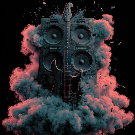 An electric guitar is positioned in front of a tower of speakers, enveloped in a swirling cloud of pink and blue smoke. The composition presents a vertical alignment, against a stark black backdrop. This graphic can be used for artistic content related to music, performance, or promotional materials.の素材