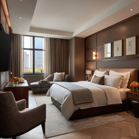 An interior shot showcases a luxurious bedroom with a large bed, featuring neutral colors and warm lighting. The room includes a seating area, window with city view, and decorative elements. The overall ambiance suggests a comfortable and stylish space suitable for hospitality or lifestyle publications.の素材