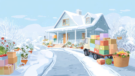 An illustration depicts a delivery truck parked in front of a house, laden with packages, suggesting a home delivery scenario. The scene features a snowy environment, with the house and surrounding area covered in white. The style is cartoonish with soft colors, suitable for editorial and commercial applications.の素材