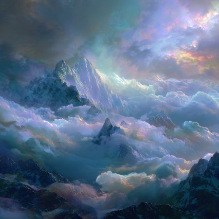 An awe-inspiring landscape depicts towering mountains emerging from dense, swirling clouds. The scene is dominated by cool blues, purples, and touches of gold, with soft lighting and an artistic style. It could be suitable for various uses, including promotional materials or artistic projects.の素材